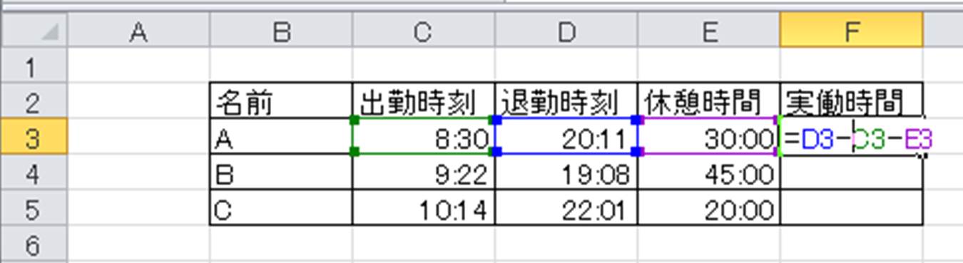 Excel エクセルを用いて休憩時間を引いた勤務時間 実働時間 を計算